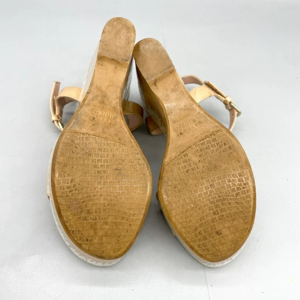 Stuart Weitzman Womens 8M Single Sky Cork Wedge Tan Patent Leather Heels Boho - Picture 8 of 12